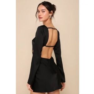 NWT Lulus Rooftop Soiree Black Satin Long Sleeve Backless Mini Dress Medium